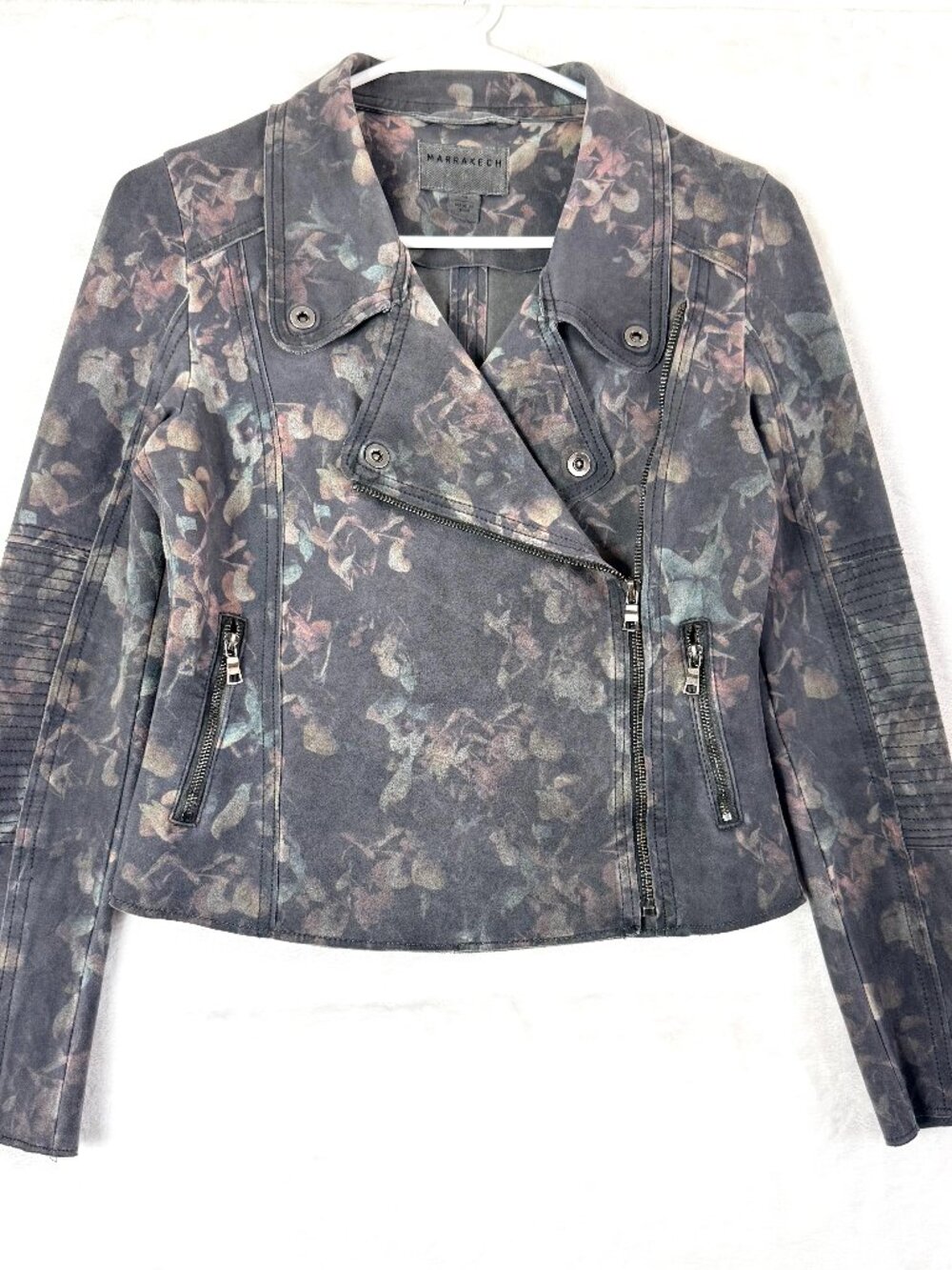 Marrakech Anthropologie Floral Suede Cropped Moto Jacket XS Gray Biker Western